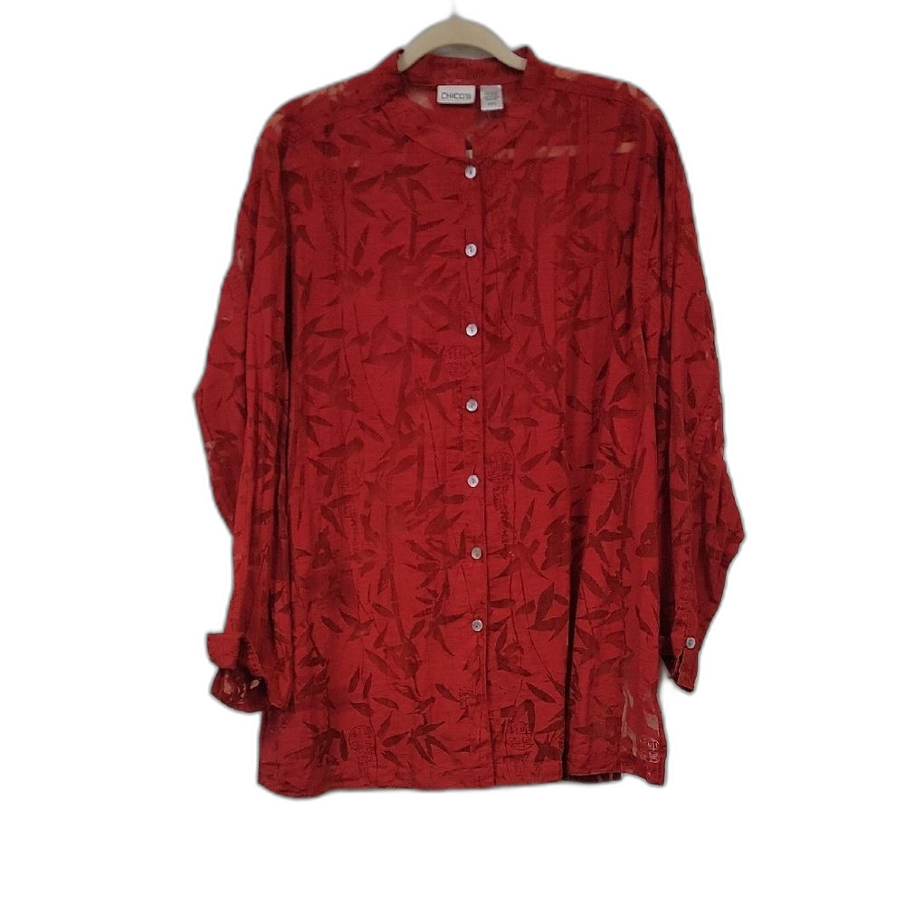 Chico’s Red Burnout Button Front Jacket Top Size 3 Lightweight Sheer Layer